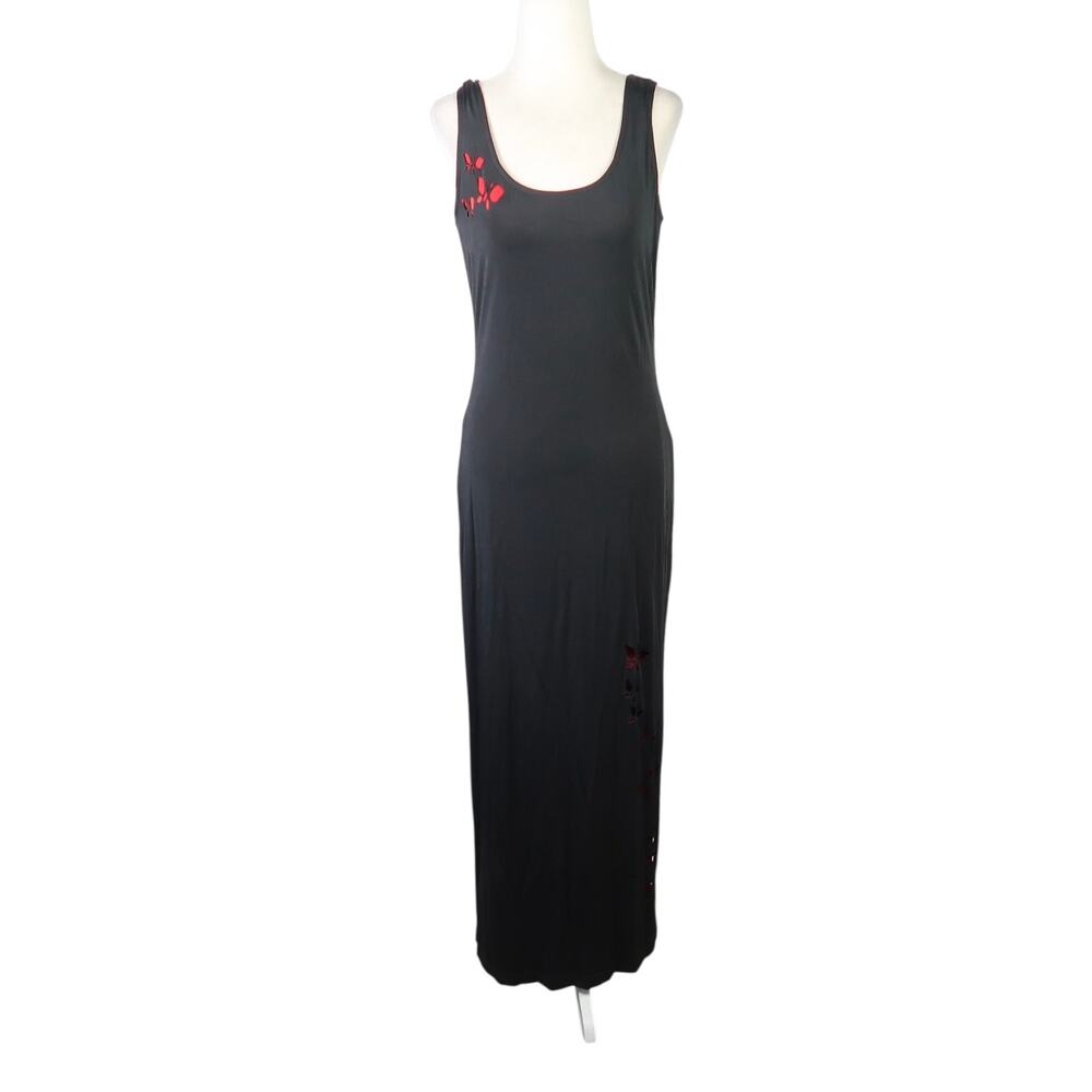 Vintage 90s Alyn Paige Black Jersey Maxi Dress Red Butterfly Cut-Out 6